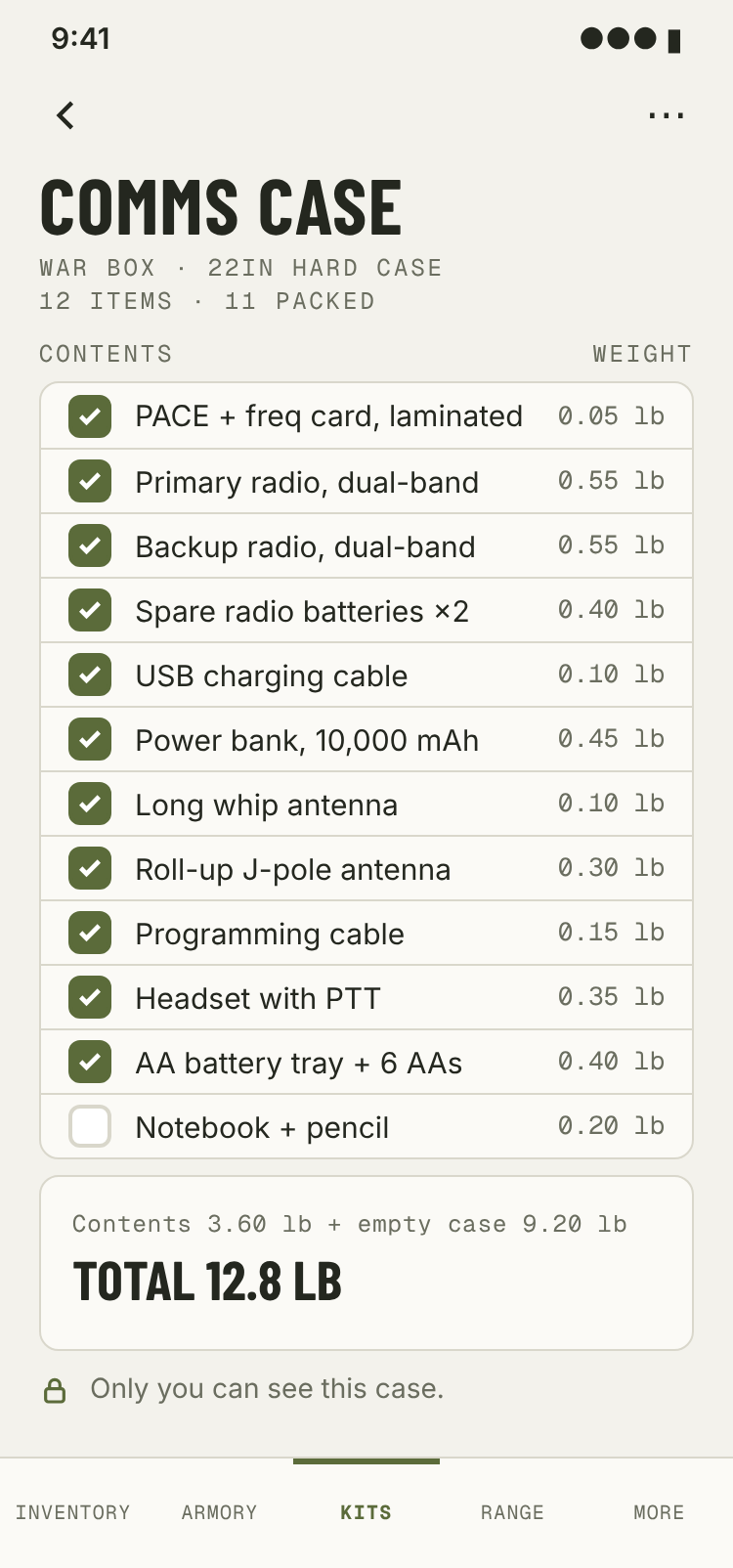 War Box app screen for a case called Comms case: six items with weights and a total weight of 13.8 pounds.
